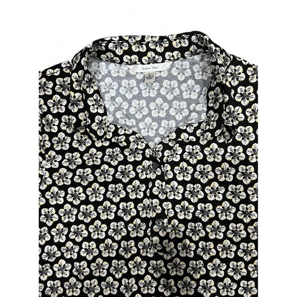 Sophie Max Floral Print Button Front Shirt Dress Midi Black White Pink Size L - Picture 6 of 9